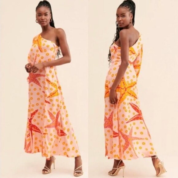 Farm Rio Anthropologie One Shoulder Starfish Maxi Dress Side Slit Orange New XS - Picture 1 of 7